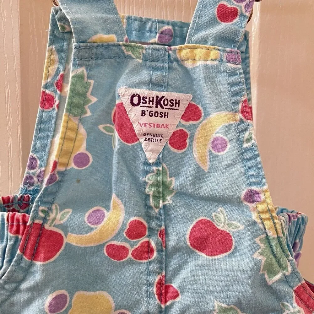 Vintage Oshkosh B'gosh Blue Fruit Shortalls Romper USA Girls Size 18 Months